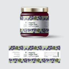 Wall Mural - Black Currant Jam label and packaging. Jar with cap with label. White strip with text and on seamless pattern with berries, flowers and leaves.