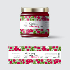 Wall Mural - Red bilberry Jam label and packaging. Jar with cap with label. White strip with text and on seamless pattern with berries, flowers and leaves.