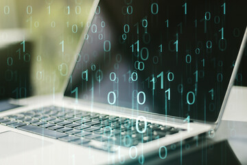 Wall Mural - creative abstract binary code hologram on modern computer background, ai and machine learning concep