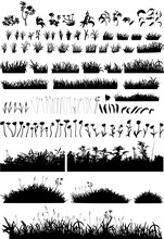Big Set Of The Vector Grass And Flowers. Field, Forest, Lawn, Plot, Wild, Thick, Tall And Short Plants, Whear Ears Hand Drawn Silhouettes.