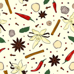 Wall Mural - Seamless background with spices cinnamon, anise, vanilla with flower, cardamom, cloves, nutmeg. Hand drawn spices background in sketch and cardboard style. For paper, fabric, kitchen, cafe textiles.