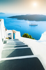  White architecture on Santorini island, Greece. Stairs to the sea. Travel destinations concept