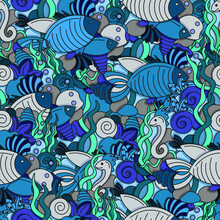 Seamless Vector Abstract Pattern On The Marine Theme With Fish, Stones, Seaweed, Starfish, Seahorse