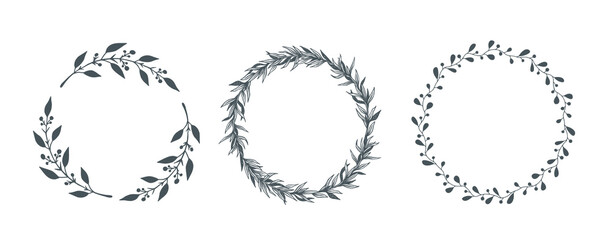 Hand drawn decorative floral round wreath frame