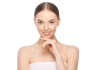portrait of young attractive smiling woman with perfect skin, isolated on white background, concept 