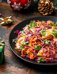 Wall Mural - Christmas Red Cabbage salad with carrots, apples and pecan nuts, honey mustard dreassing