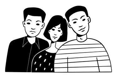 Group of students Doodle style girl and two boys black white line vector illustration