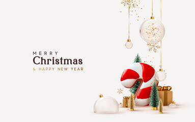 Christmas and New Year background. Xmas pine fir lush tree. Candy cane from cookies, golden gifts box. Glass Balls hanging on ribbon. Bright Winter holiday composition. Greeting card, banner, poster
