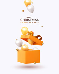 Wall Mural - merry christmas and happy new year. xmas design realistic gifts box, falling helium balloons, 3d gol