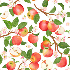 Wall Mural - Autumn apple seamless pattern. Summer fruits, leaves, flowers vector background. Watercolor texture