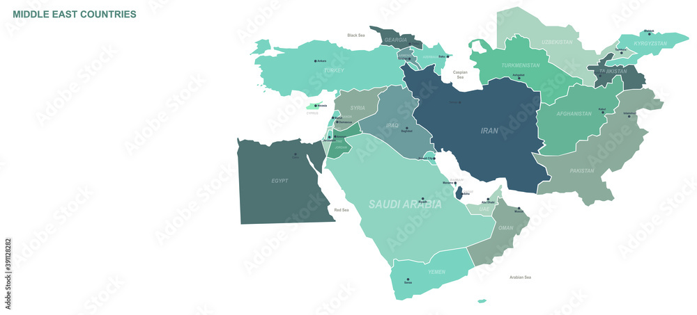 Middle East Countries map. Detailed world Map Vector with Country