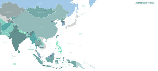 Wall Mural - asian countries map. detailed world map vector with country,capital,city names.