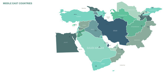 Wall Mural - middle east countries map. detailed world map vector with country,capital,city names.