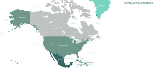 Wall Mural - north american countries map. detailed world map vector with country,capital,city names.