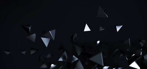 Wall Mural - abstract particles 3d black background. flying polygonal spheres in dark space. futuristic design. p