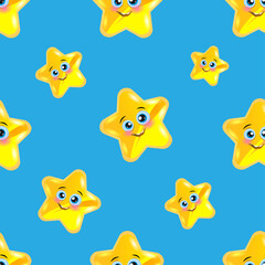 Wall Mural - Cute smiling stars pattern. Vector background for baby and kids design. Sweet Cartoon Stars with Funny Faces. Yellow Happy Stars on a Blue Background.