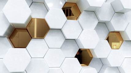 Wall Mural - abstract white luxury background with golden hexagons. 3d rendering.