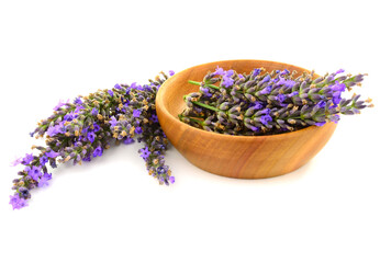 Lavender (Lavandula Angustifolia) Flower in Wooden Bowl. Isolated on White Background.