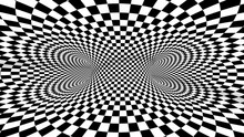 4k Seamless Loop. Chess Illusion Geometric Kaleidoscope. Wormhole Room. Black And White Optical Illusion Tunnel. Checkerboard Moving.
