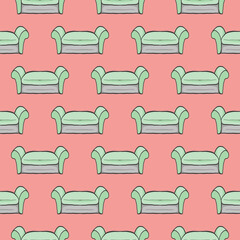 Sticker - Green armchair , seamless pattern on a dark pink background.