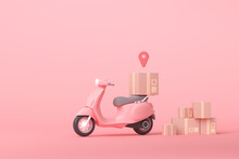 3D Online Express Delivery Scooter Service Concept, Fast Response Delivery By Scooter, Courier Pickup, Delivery, Online Shipping Services. 3d Illustration