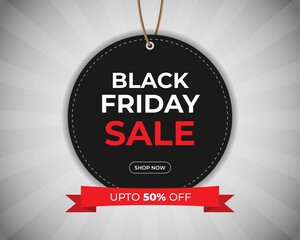 Vector illustration of Black Friday Sale Sale tag banner, upto 50% off, ribbon, offer template for website and UI.