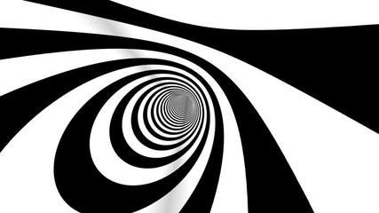 Wall Mural - 4k Seamless loop. Abstract black and white three dimensional geometrical wormhole motion graphics. Striped optical illusion. Black and white optical illusion tunnel. Surrealism lines moving.