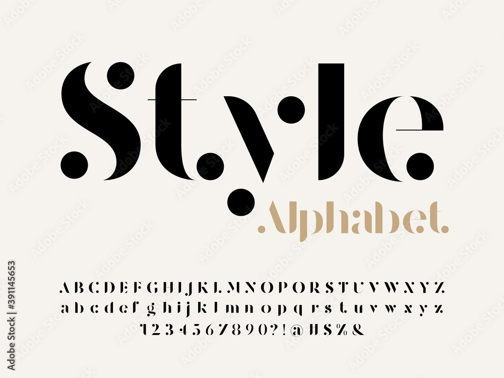 Modern serif alphabet design with uppercase, lowercase, numbers and symbol - obrazy, fototapety, plakaty 
