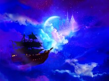 Wallpaper Of Pirate Ship And Beautiful Castle’s Silhouette In Starry Cloudscape