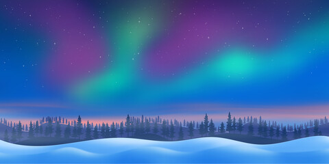 Wall Mural - fantasy on the theme of the northern landscape. dusk and polar lights. forest and sunset light. vect