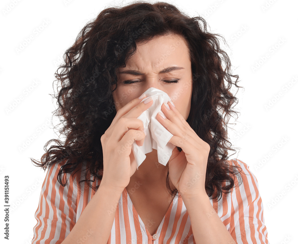 Young allergic woman on white background