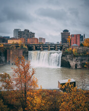 High Falls On The Genesee River With Autumn Color, In Rochester, New York