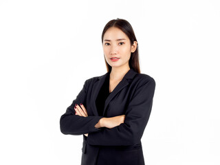 A pretty young Asian business woman in black suit.