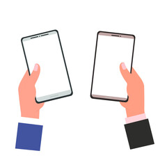 Two different hands are holding different phones with blank white screens. Vector illustration, flat cartoon color minimal design, isolated on white background, eps 10.