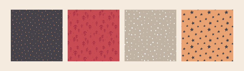 Set of vector Christmas seamless patterns with hand drawn simple elements