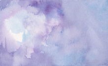 Purple Watercolor Background Painting On Paper Texture, Pastel Purple Blue Colors In Blotches And Paint Bleed Design