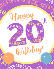 Design template for cute birthday card . Template for scrapbooking with hand drawn doodle patterns. For birthday, anniversary, party invitations. Vector