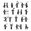 © alex_cardo - Business and communication human stick set. Friendly commercial agreement and showing economic charts global development and confusion ideas in head coming to work with portfolio. Financial vector.