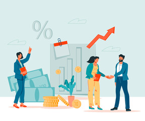 Wall Mural - Concept of a successful business partnership and cooperation agreement. Handshake of two business people at a meeting for negotiations with an investor or partner, flat vector illustration.