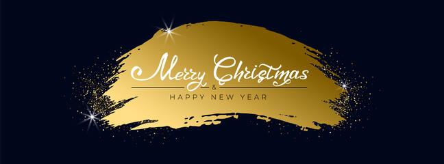 Wall Mural - Merry Christmas and Happy New Year 2021. Greeting card with hand drawn lettering on golden brush stroke glittering on blue background. For holiday invitations, poster, banner. Vector illustration.