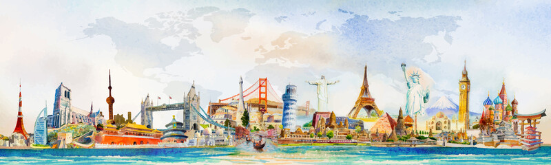 Travel famous landmarks world, Europe, Asia and America. Watercolor landscape