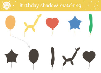 Wall Mural - Birthday shadow matching activity for children. Fun puzzle with cute balloons of different shapes. Holiday celebration educational game for kids. Find the correct silhouette printable worksheet. .