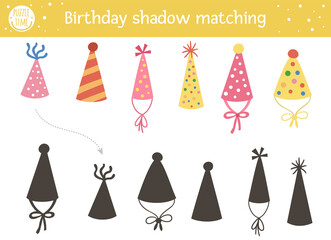 Wall Mural - Birthday shadow matching activity for children. Fun puzzle with cute party hats. Holiday celebration educational game for kids. Find the correct silhouette printable worksheet. .