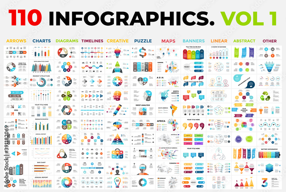 110 Vector Infographics vol 1. Presentation templates includes 11 categories from maps, diagrams or banners to timelines, arrows and creative. - obrazy, fototapety, plakaty 