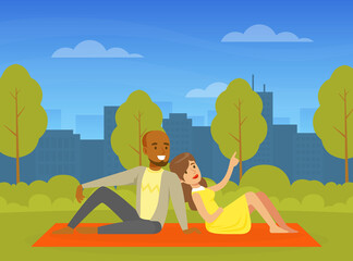 Sticker - People Relaxing in Nature in Urban Park, Romantic Couple Sitting on Plaid Having Date Outdoors Cartoon Vector Illustration