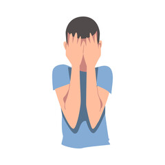 Poster - Embarrassed Man Covering his Face with Hands, Regretful Person with Clasped Hands Cartoon Style Vector Illustration