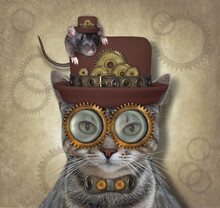 A Gray Cat Steampunk Is In A Hat With A Black Rat On It. Beige Background.