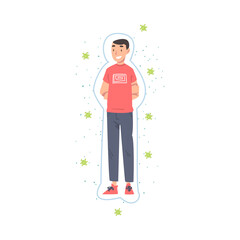 Sticker - Healthy Guy Protected from Bacterias, Viruses and Germs, Strong Immune System Concept Cartoon Style Vector Illustration