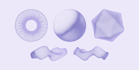 Crystals, spheres and waves consisting of small particles. Objects with dots. Molecular grid. 3d vector illustration. Futuristic connection structure for education and science.