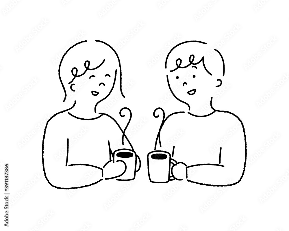 男女が会話しているイラスト シンプル カフェ コーヒー レストラン 友達 カップル 笑顔 話す Wall Mural Yugoro